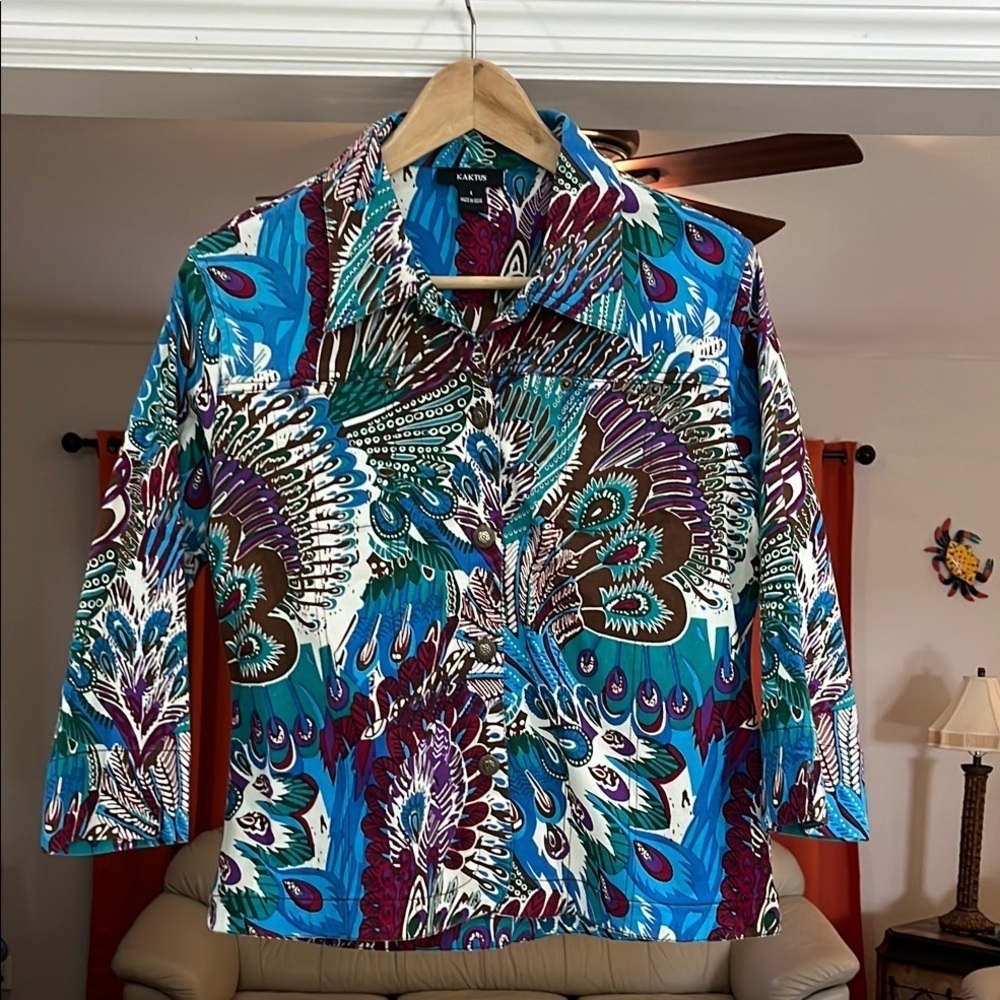 Kaktus Wearable Art Fitted Button Front Colorful Peacock Print Jacket Size L